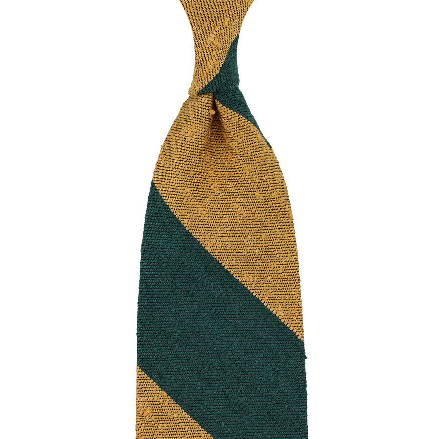Block Stripe Soft Shantung Silk Tie - Gold / Forest - Hand-Rolled