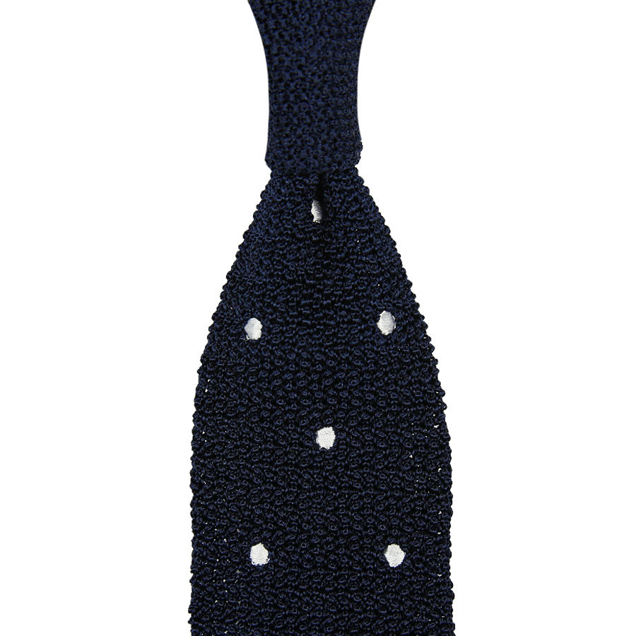 Crunchy Silk Knit Tie - Navy / White Dots