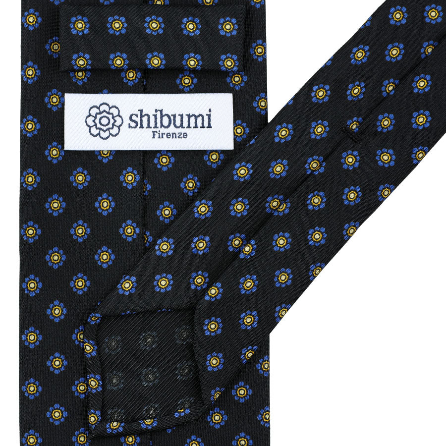 Shibumi-Flower Printed Silk Tie - Black - Hand-Rolled