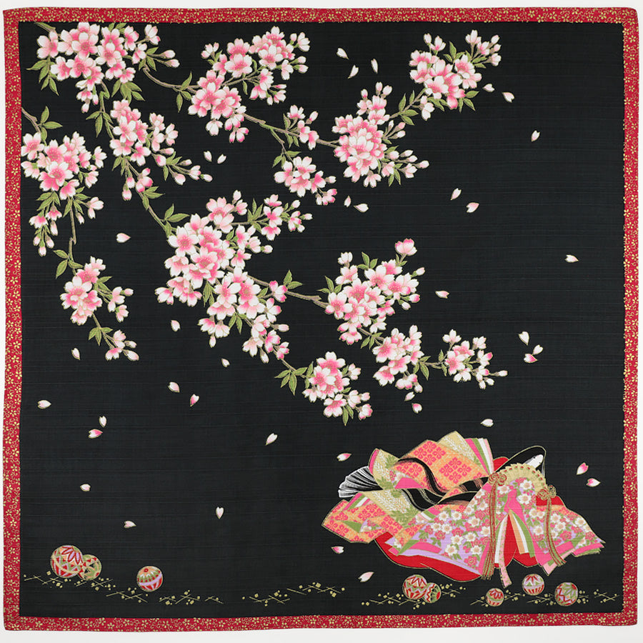 Ukiyo-e Motif Cotton Handkerchief - Black