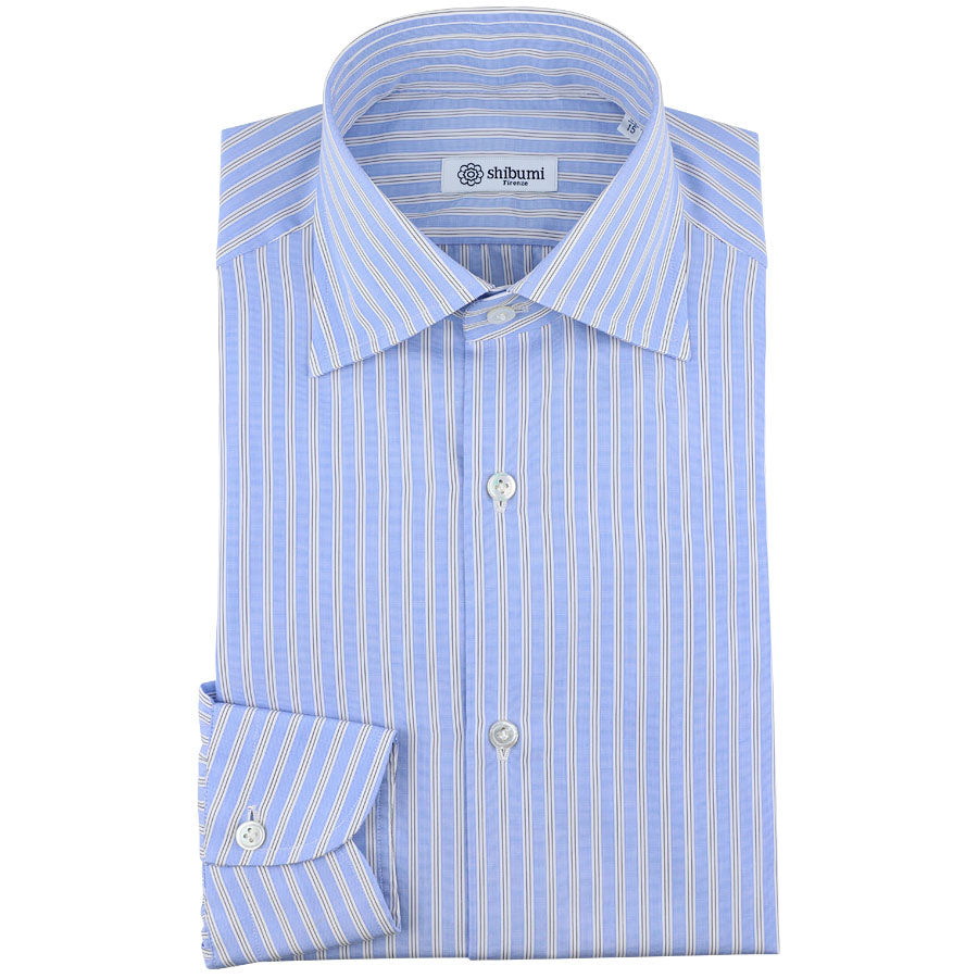 Poplin Semi Spread Shirt - White / Sky Blue - Halo Stripe