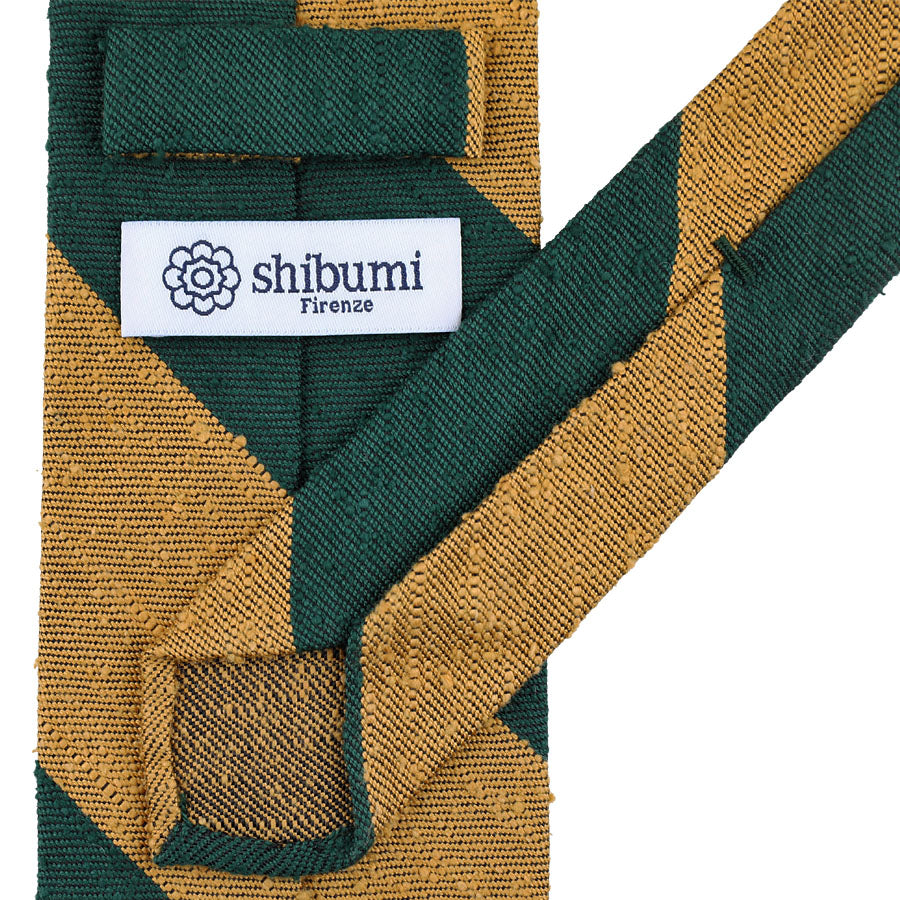 Block Stripe Soft Shantung Silk Tie - Gold / Forest - Hand-Rolled
