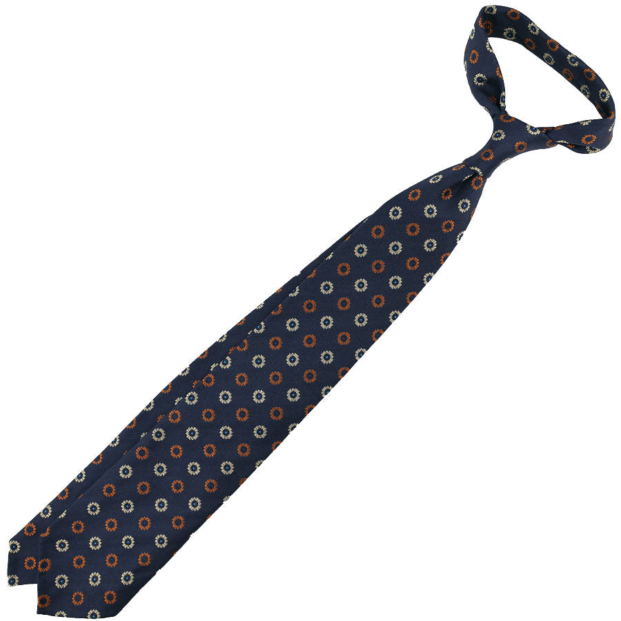 Floral Jacquard Silk Tie - Navy - Hand-Rolled