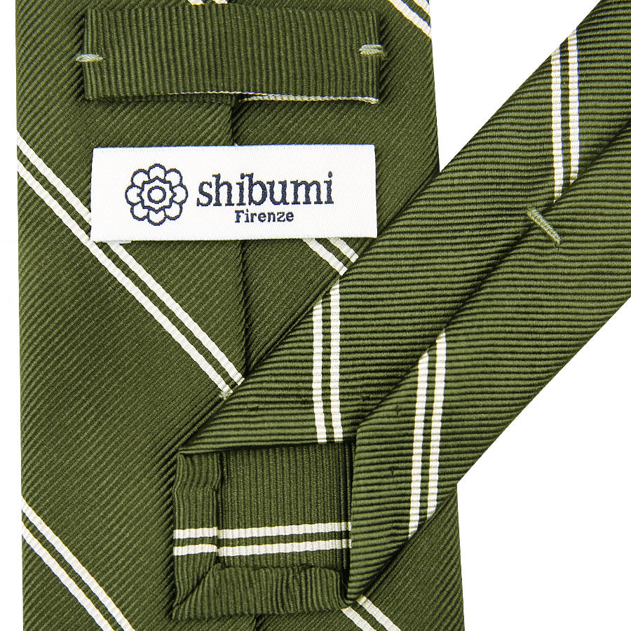 Double Bar Super Repp Stripe Silk Tie - Olive - Hand-Rolled