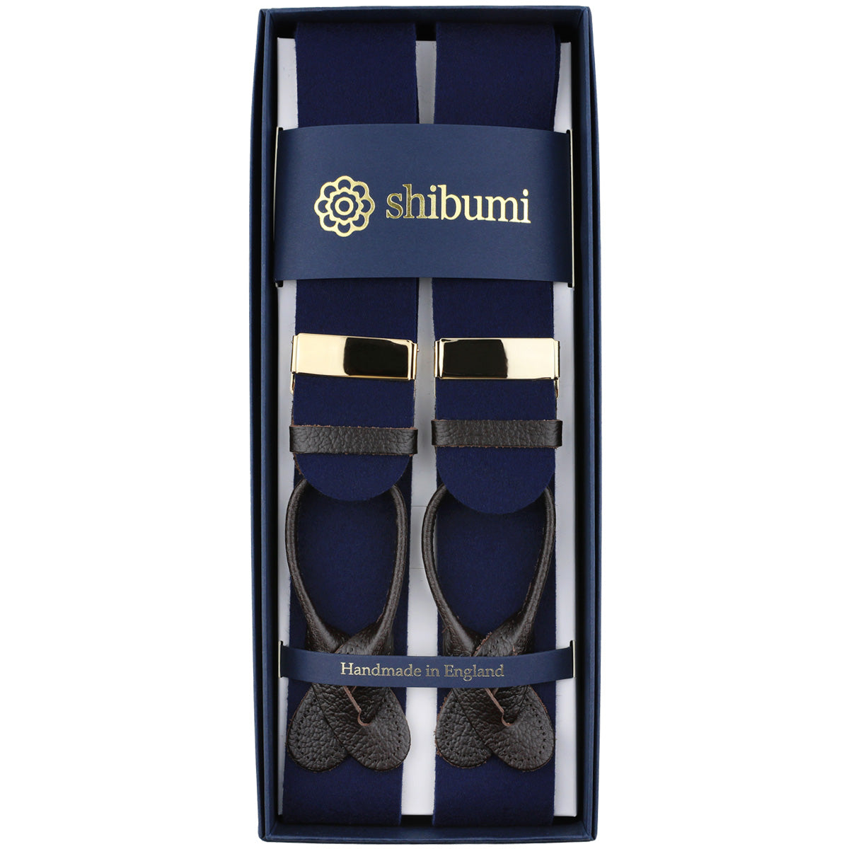 Boxcloth Braces - Navy / Brown Leather (Gold Clips)