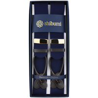 Boxcloth Braces - Navy / Brown Leather (Gold Clips)
