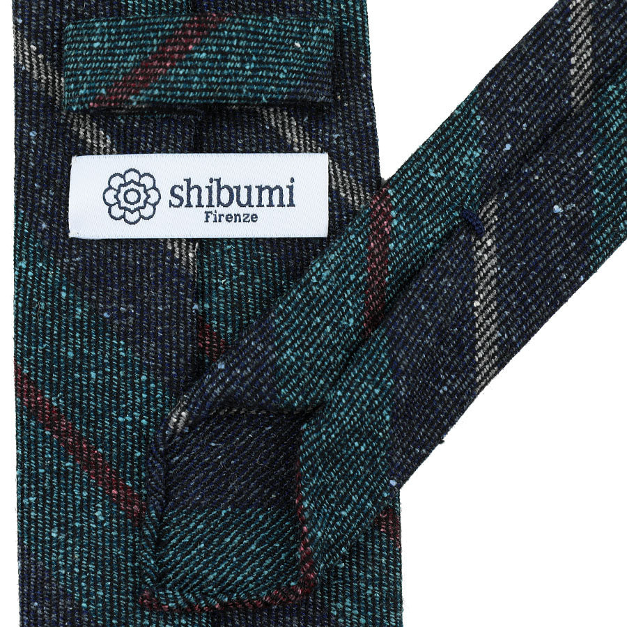 Striped Wool / Silk Tie - Navy / Sea Green - Hand-Rolled