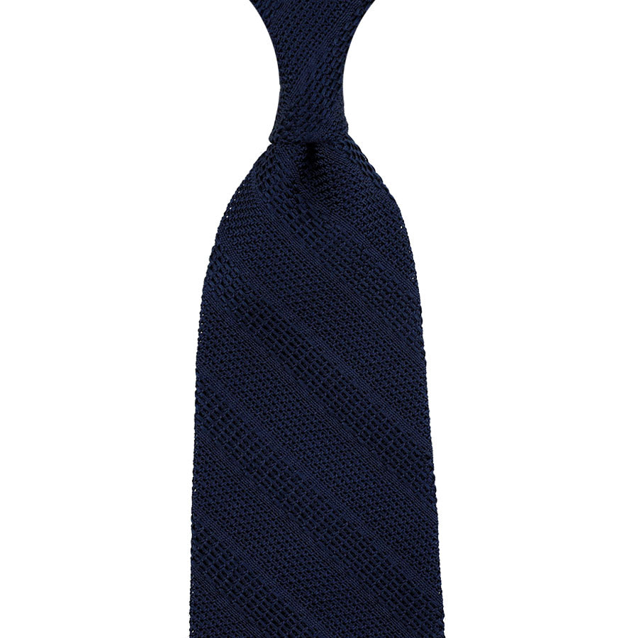 Striped Fina Grenadine Silk Tie - Navy - Hand-Rolled