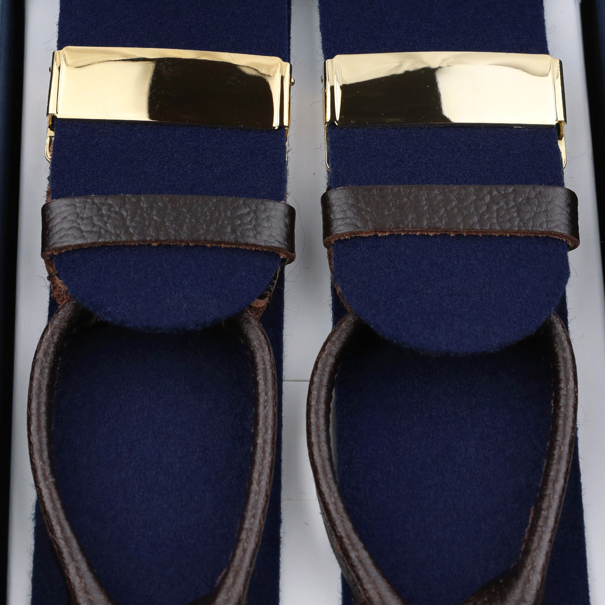 Boxcloth Braces - Navy / Brown Leather (Gold Clips)