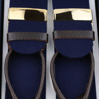 Boxcloth Braces - Navy / Brown Leather (Gold Clips)
