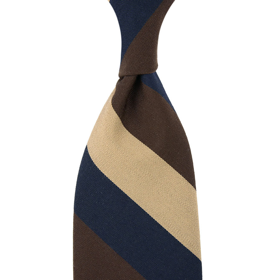 Mogador Block Stripe Silk / Cotton Tie - Navy / Brown / Beige