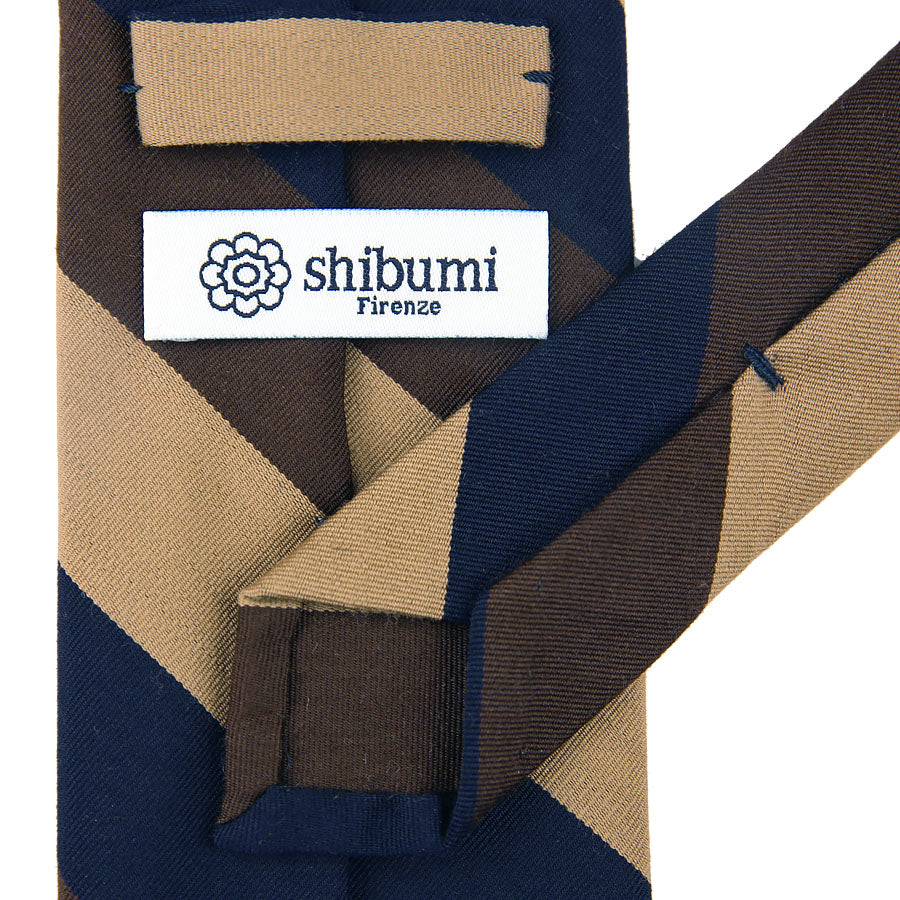 Mogador Block Stripe Silk / Cotton Tie - Navy / Brown / Beige
