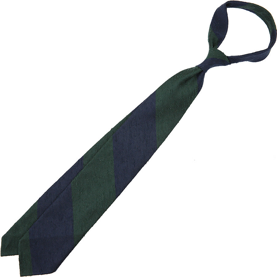 Block Stripe Shantung Silk Tie - Navy / Forest - Hand-Rolled