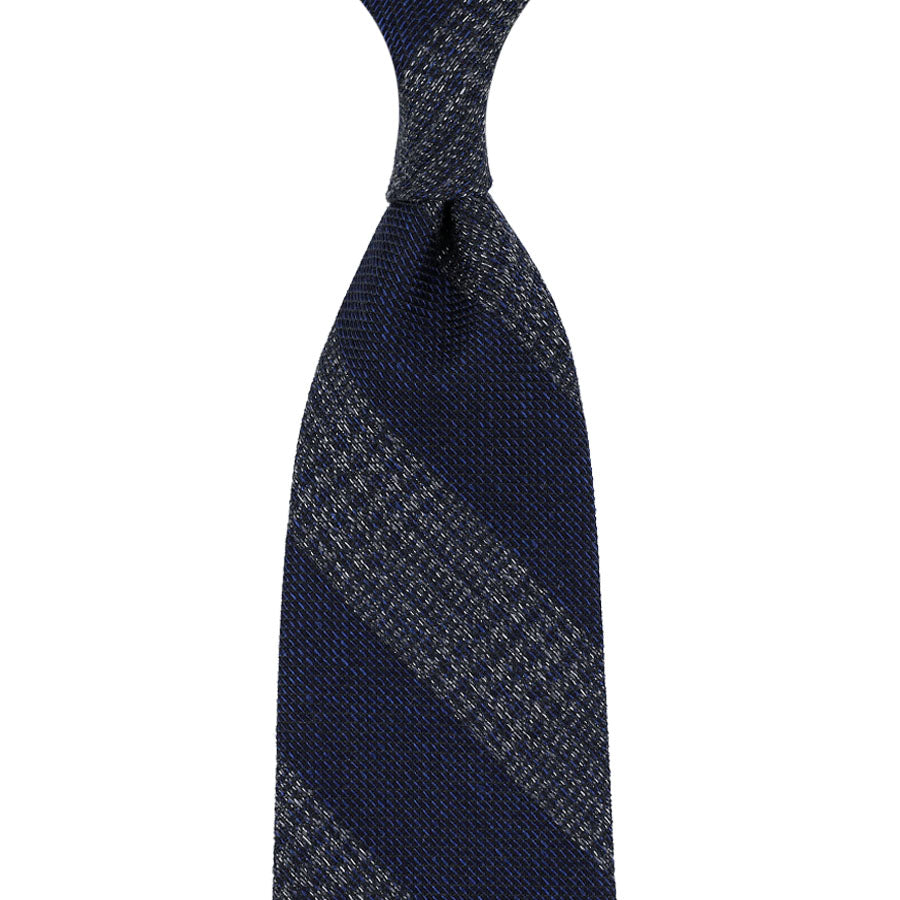 Striped Glencheck Cotton / Wool / Silk Tie - Navy / Grey