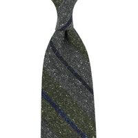 Striped Wool / Silk Tie - Grey / Olive - Hand-Rolled