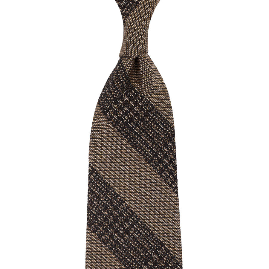 Striped Glencheck Cotton / Wool / Silk Tie - Beige