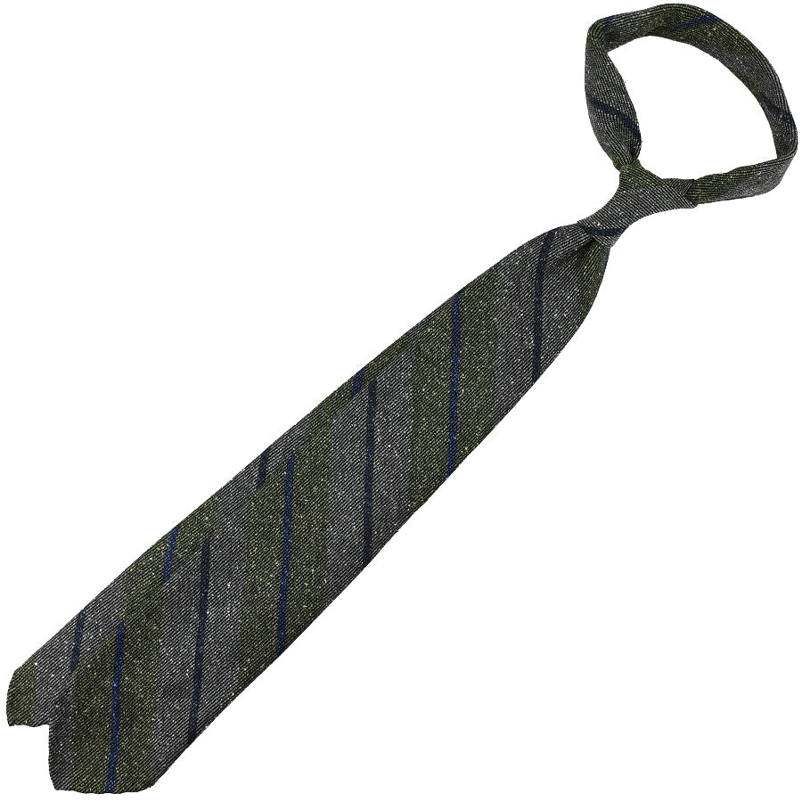 Striped Wool / Silk Tie - Grey / Olive - Hand-Rolled