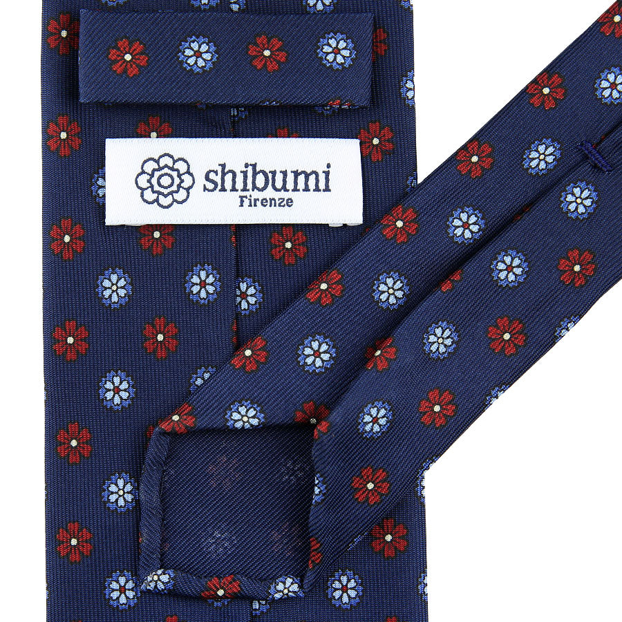 Floral Printed Silk Tie - Light Navy - Hand-Rolled