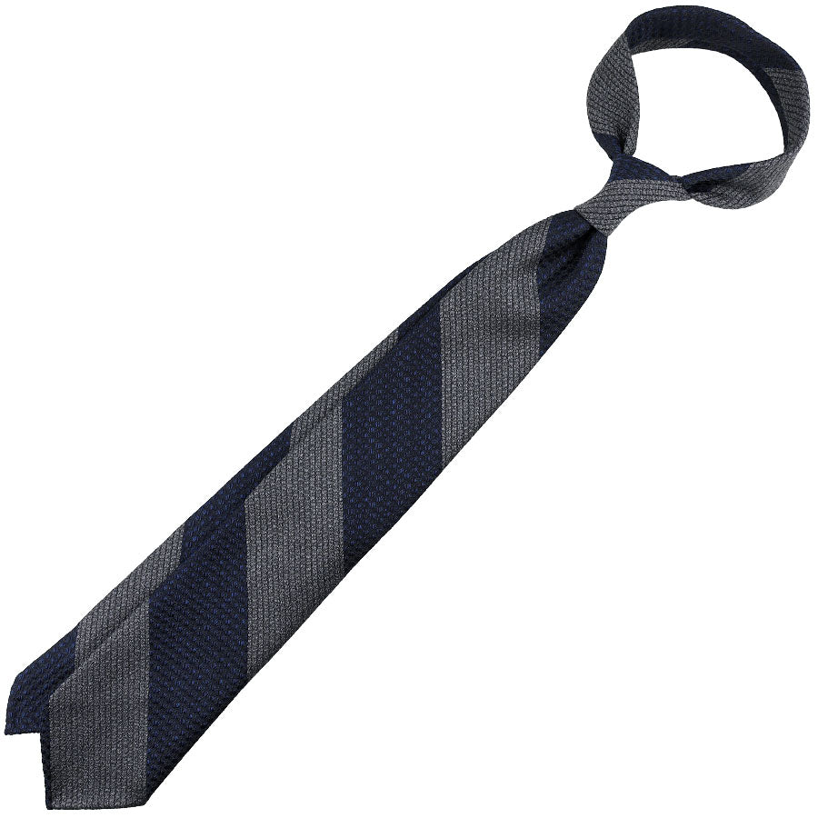 Block Stripe Silk / Wool / Cotton Tie - Navy / Grey