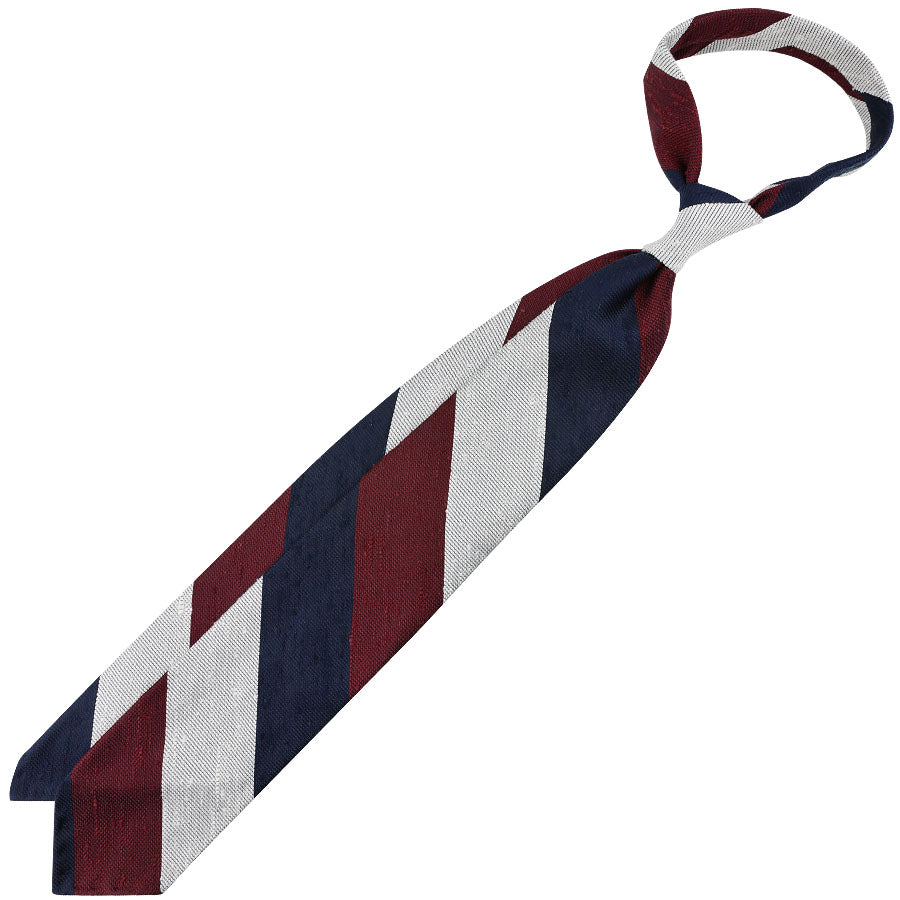 Triple Block Stripe Soft Shantung Silk Tie - Burgundy / Navy / White