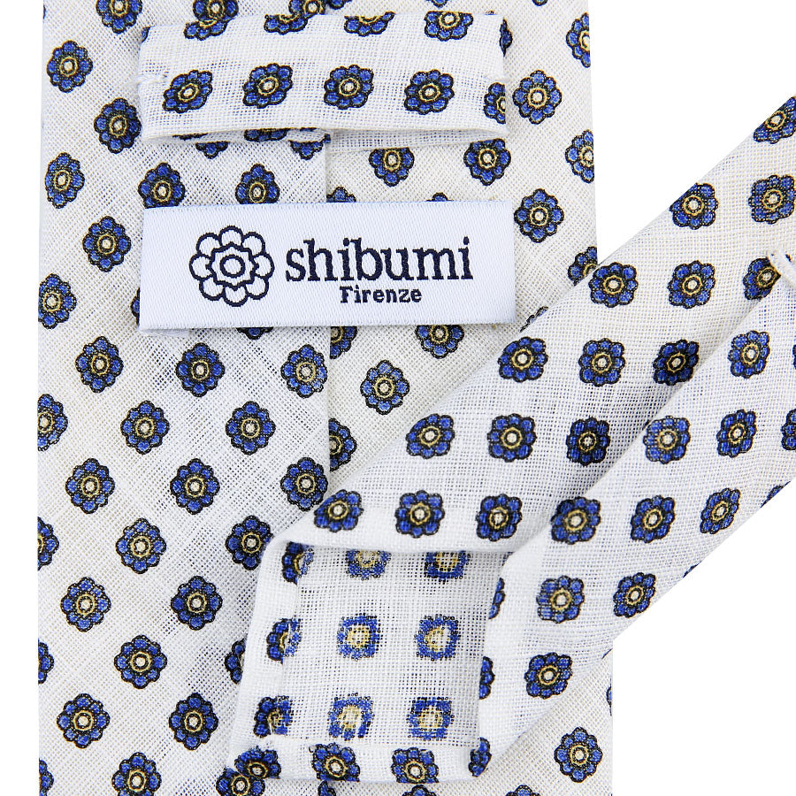 Shibumi-Flower Printed Linen Tie - White - Hand-Rolled