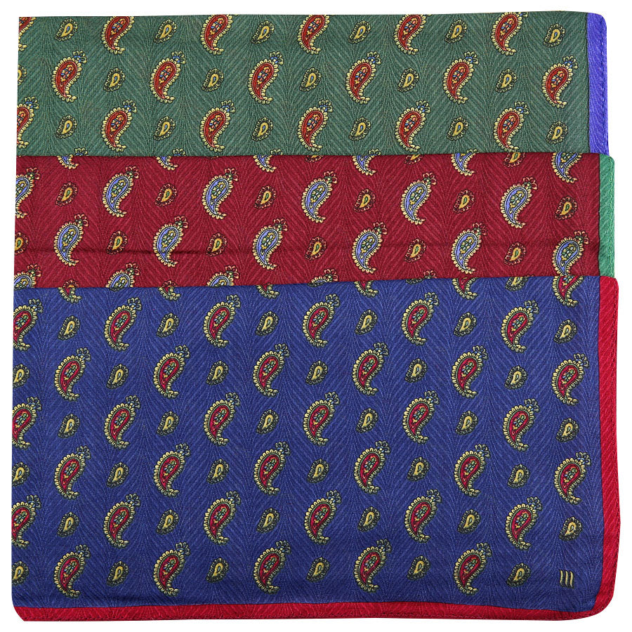 3x Paisley Cotton Handkerchief Set - Navy / Burgundy / Forest