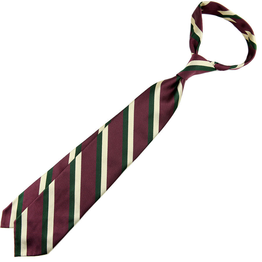 Repp Stripe Silk Tie - Eggplant / Forest / Ivory - Hand-Rolled