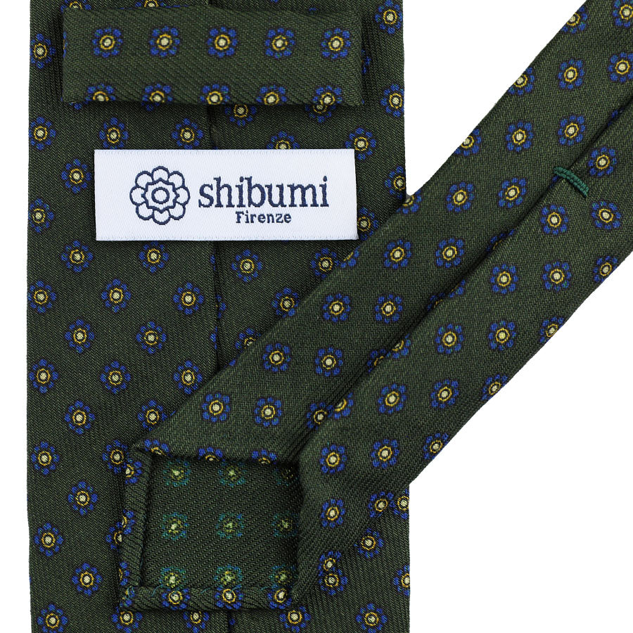 Shibumi-Flower Printed Wool Challis Tie - Dark Olive