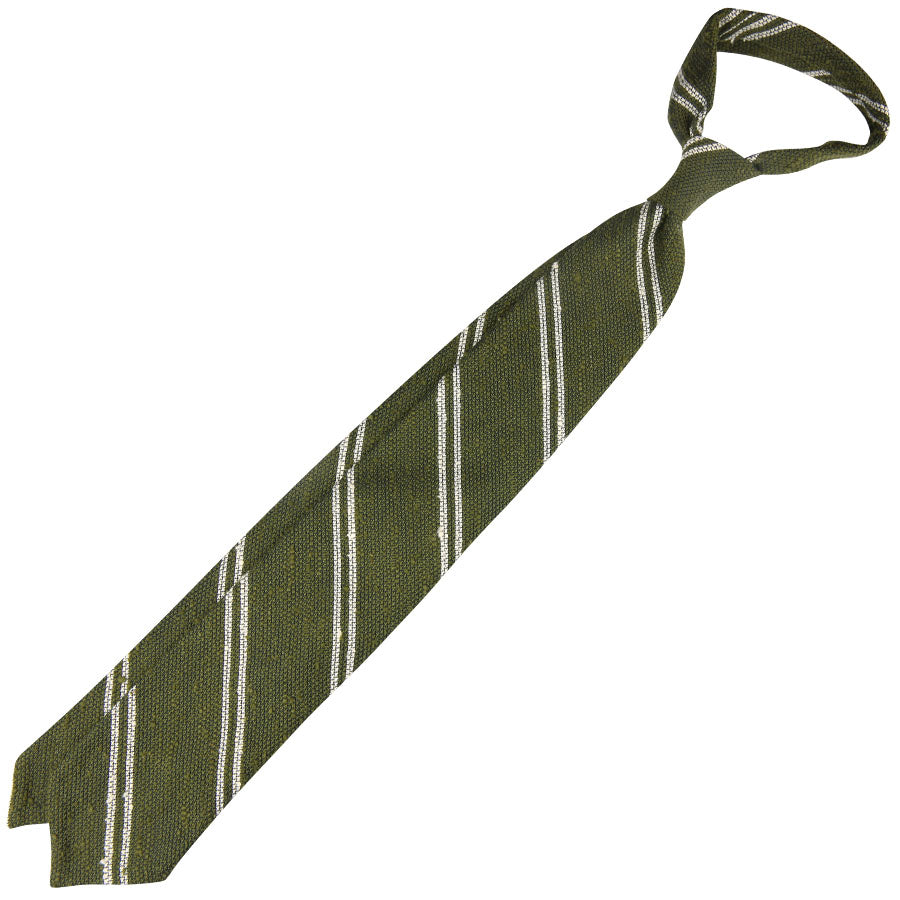 Double Bar Shantung Grenadine Tie - Olive - Hand-Rolled