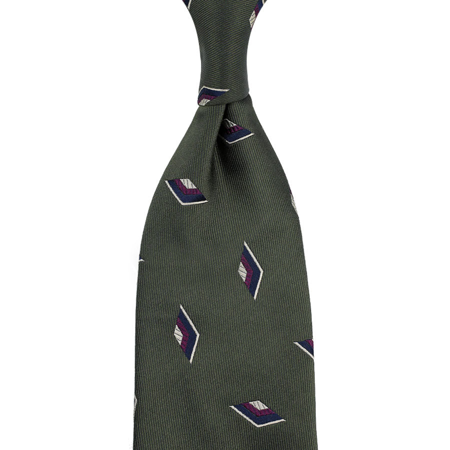 Geometrical Jacquard Silk Tie - Army Green - Hand-Rolled