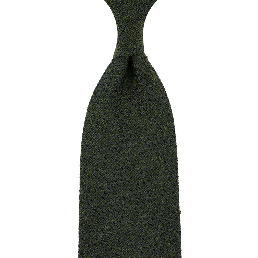 Plain Shantung Grossa Grenadine Silk Tie - Olive - Hand-Rolled