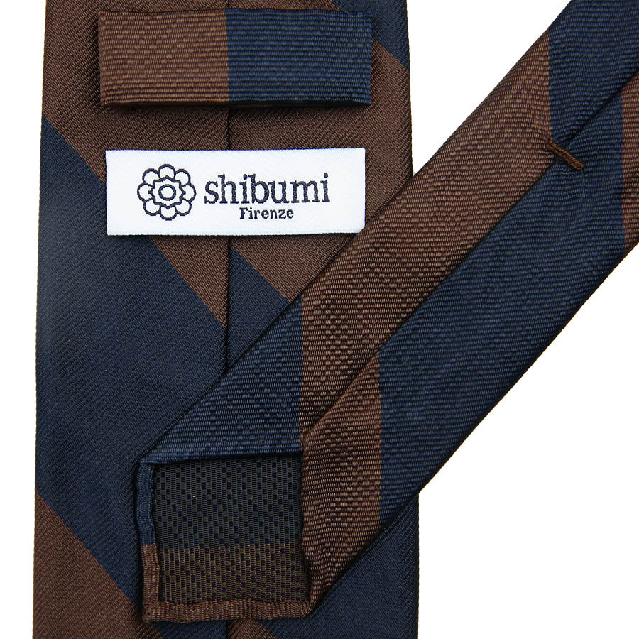 Block Stripe Repp Silk Tie - Navy / Brown - Hand-Rolled