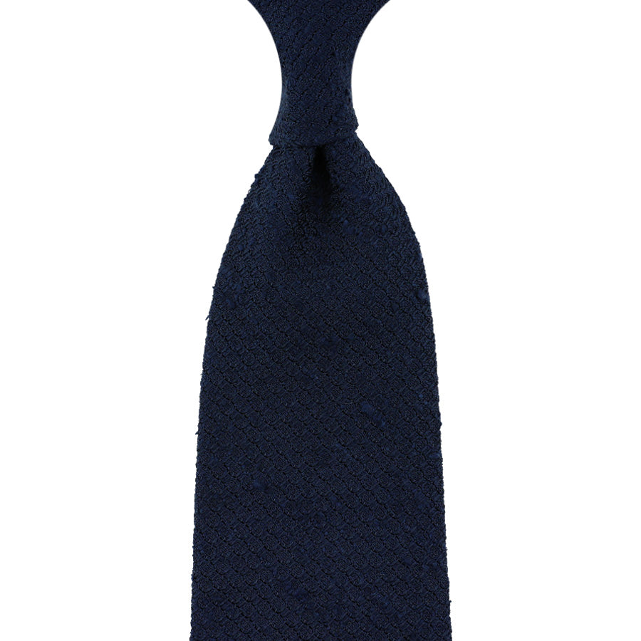 Plain Shantung Grossa Grenadine Silk Tie - Navy - Hand-Rolled