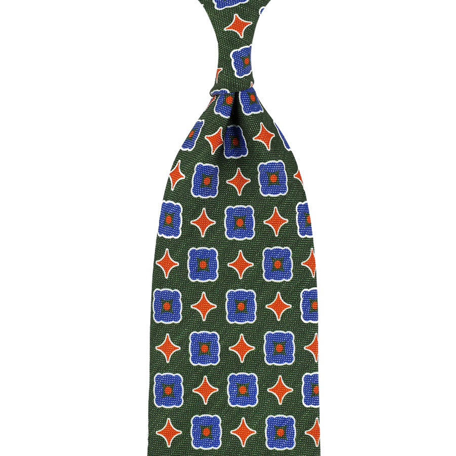 Floral Printed Silk / Linen Tie - Green - Hand-Rolled