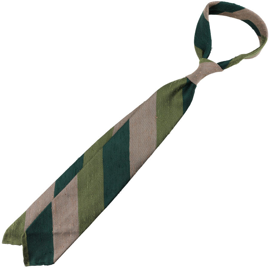 Triple Block Stripe Soft Shantung Silk Tie - Forest / Green / Beige