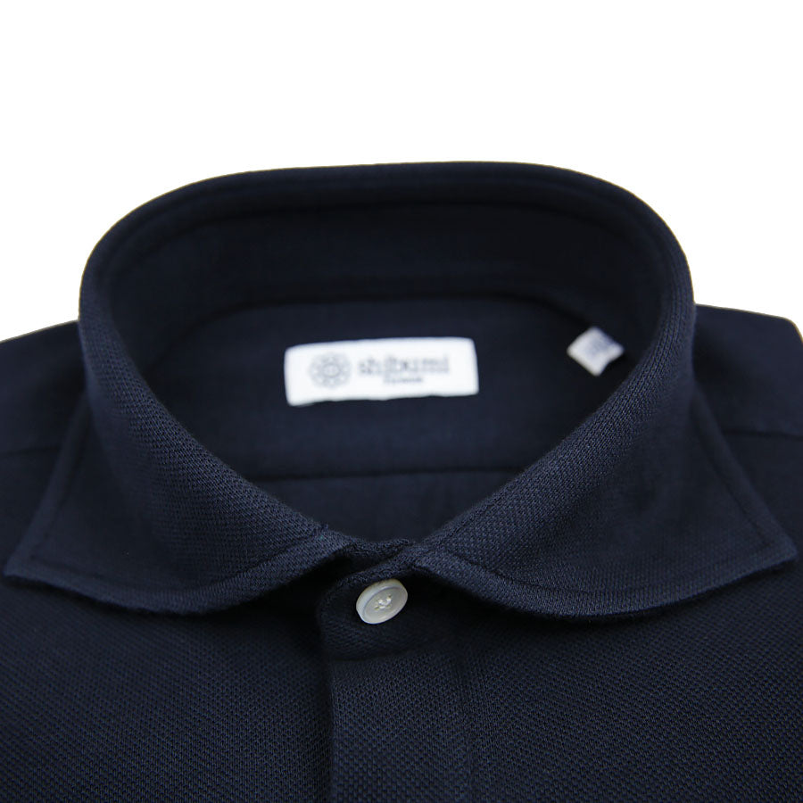 Long Sleeved Polo Shirt - Wide Spread - Navy - Regular Fit