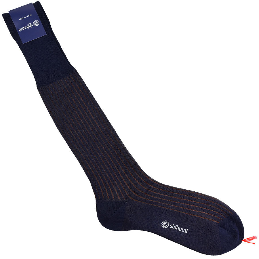 Knee Socks - Shadow Stripes - Navy / Chestnut - Pure Cotton