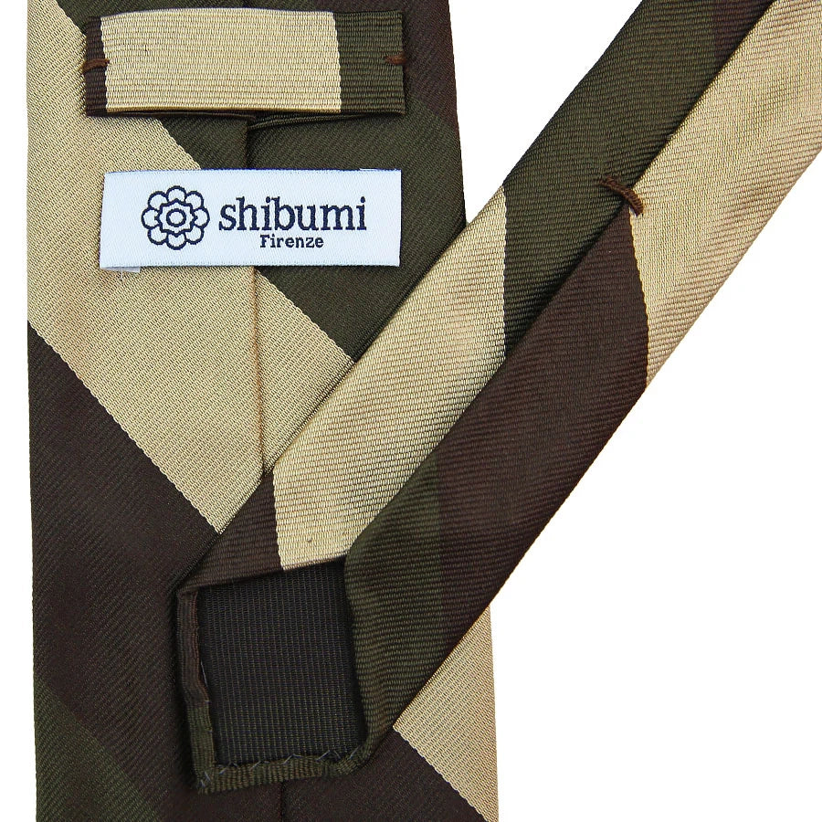 Triple Block Stripe Silk Tie - Brown / Olive / Beige - Handrolled