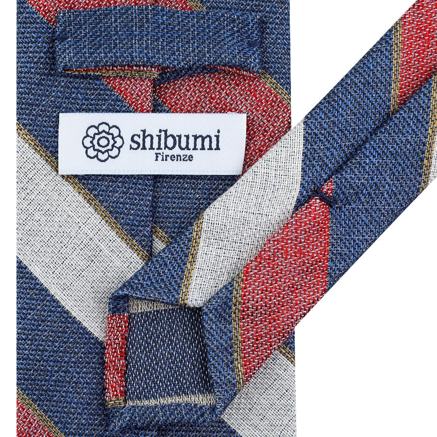Striped Cotton / Silk / Linen Tie - Ivory / Navy / Red