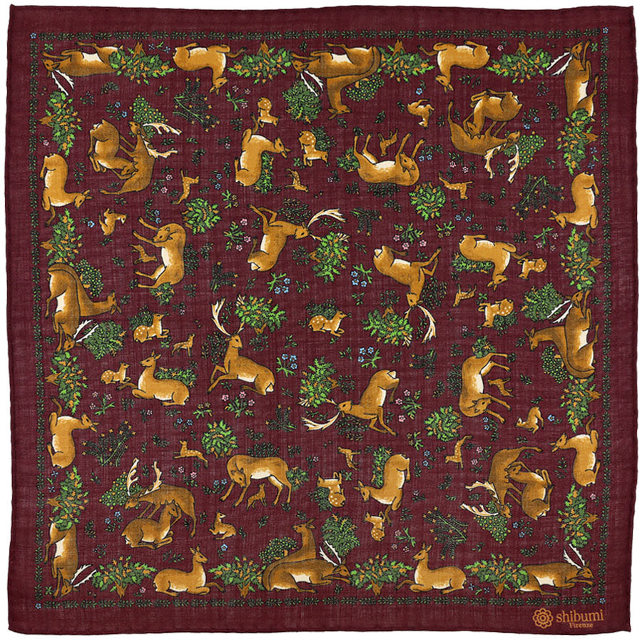 Animal Motif Wool / Silk Pocket Square - Burgundy - 40x40cm