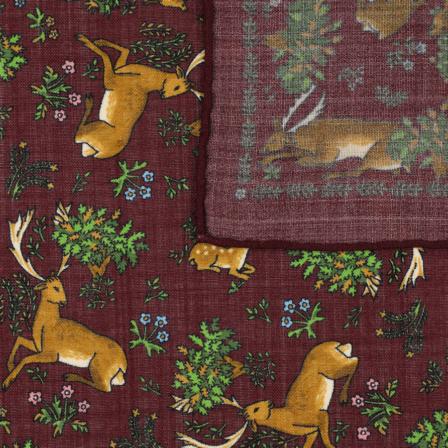 Animal Motif Wool / Silk Pocket Square - Burgundy - 40x40cm