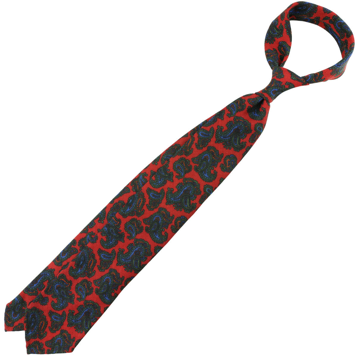 Paisley Printed Wool Challis Tie - Cherry - Hand-Rolled