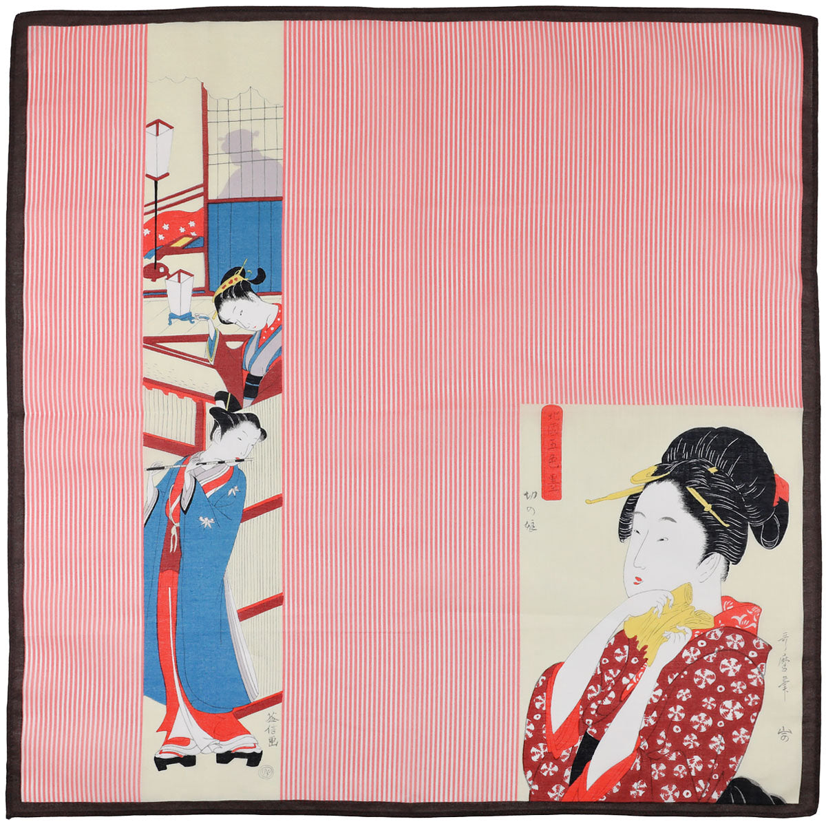 Ukiyo-e Motif Cotton Handkerchief - Red / Brown