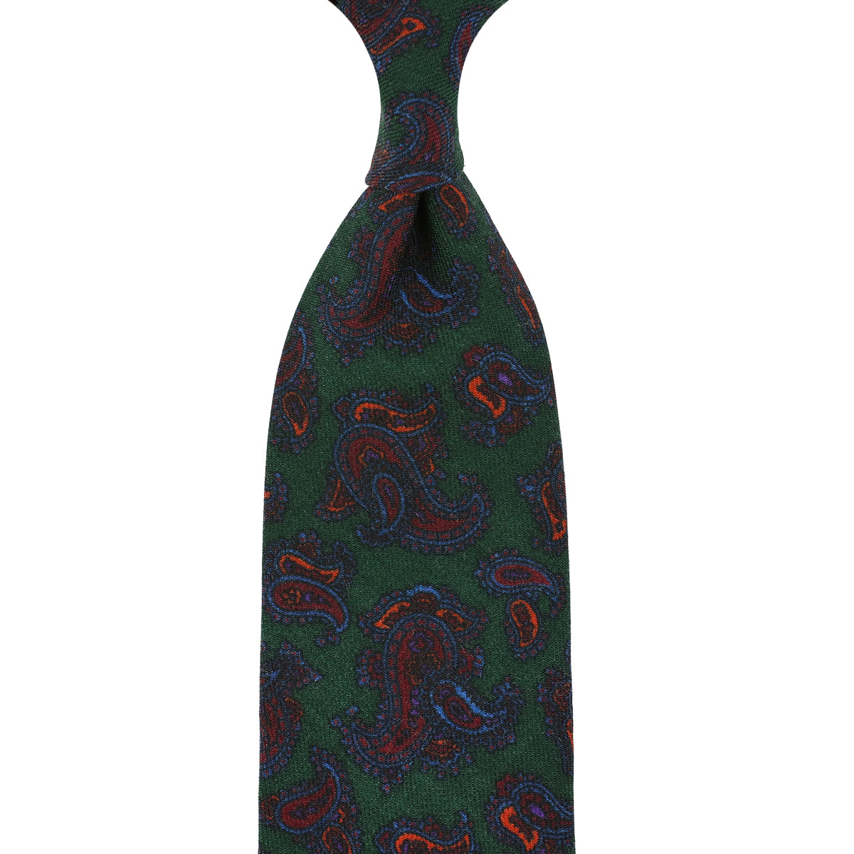 Paisley Printed Wool Challis Tie - Forest - Hand-Rolled