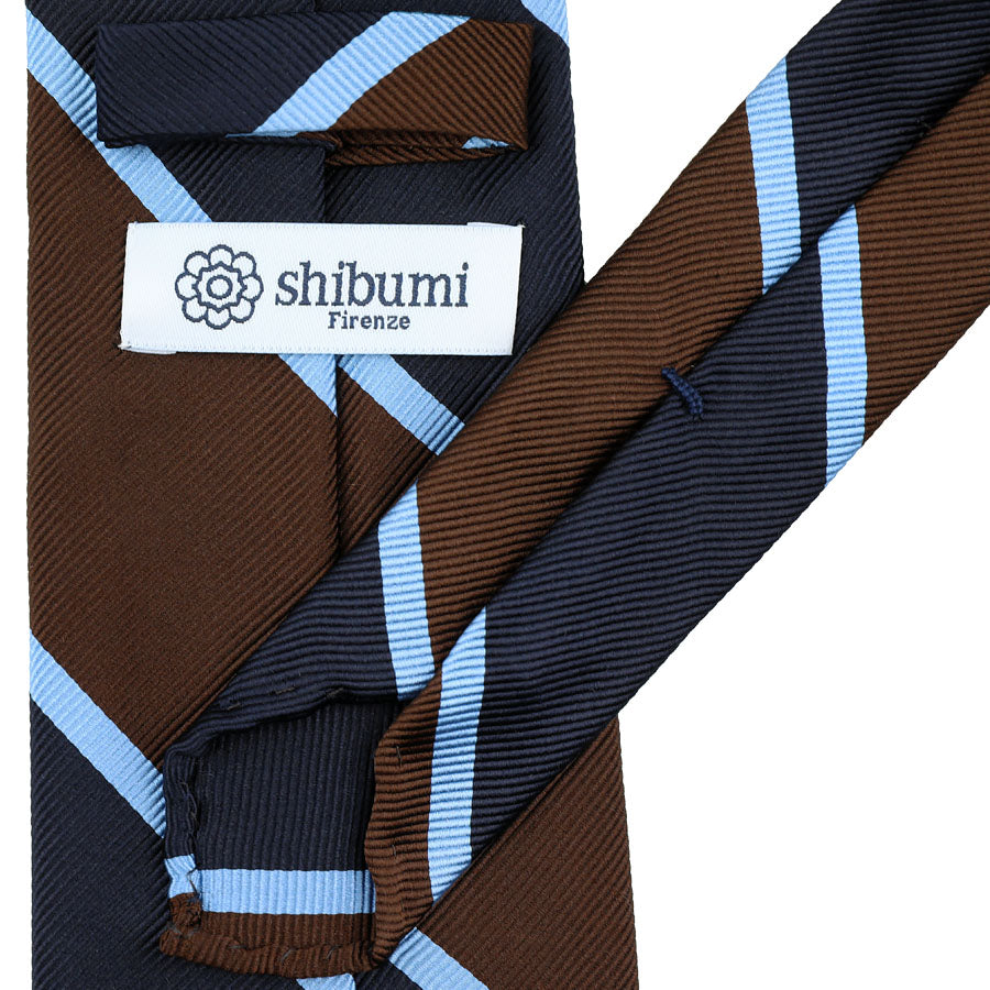 Block Stripe Super Repp Silk Tie - Navy / Brown / Sky