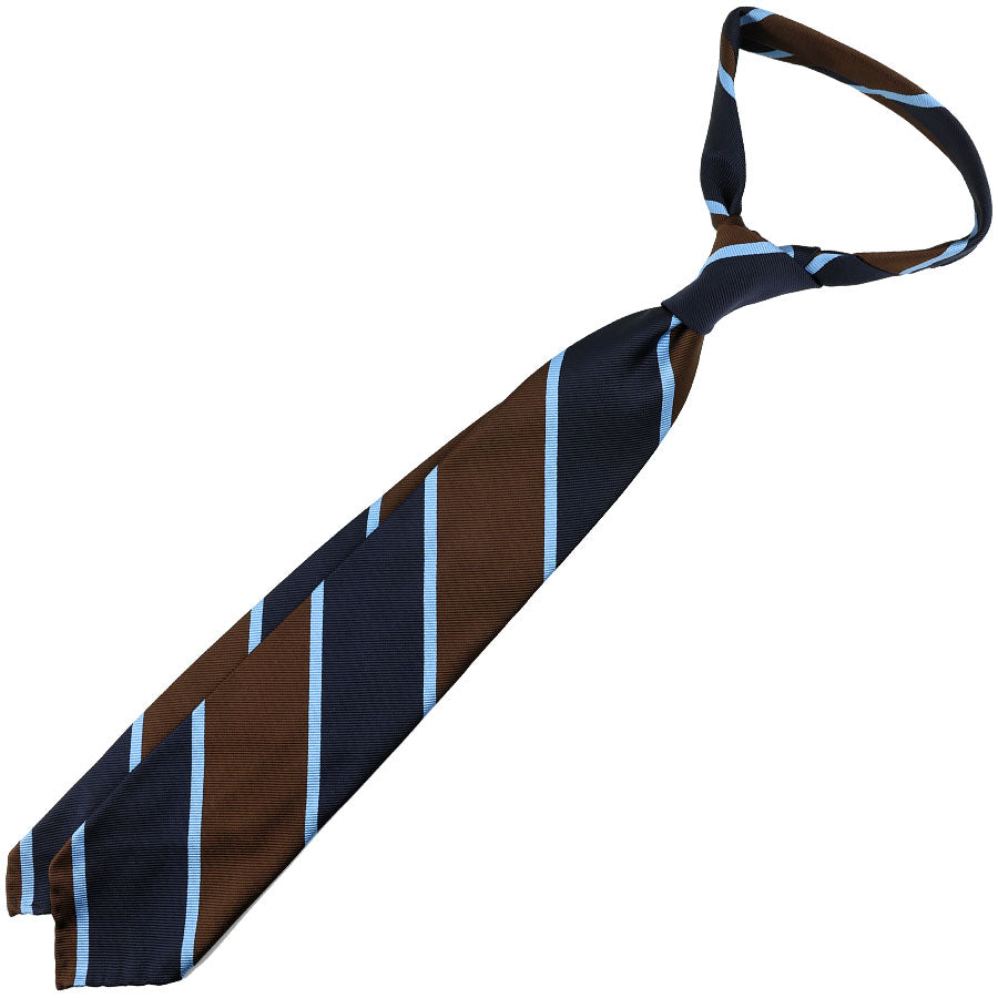 Block Stripe Super Repp Silk Tie - Navy / Brown / Sky