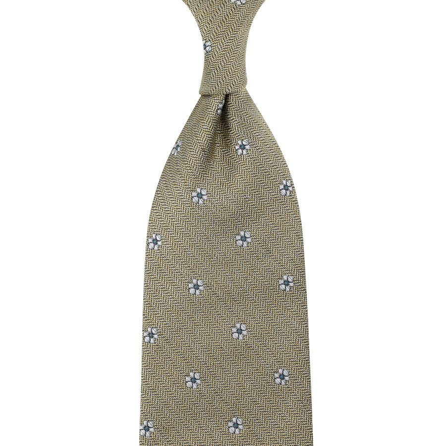 Floral Herringbone Silk Tie - Beige - Hand-Rolled