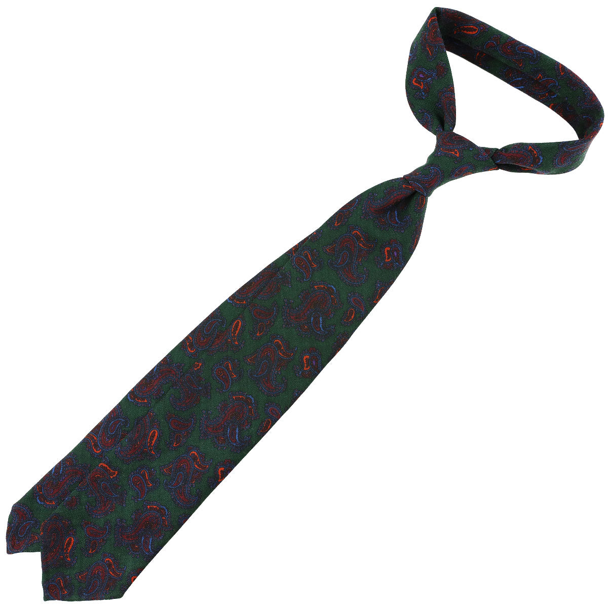Paisley Printed Wool Challis Tie - Forest - Hand-Rolled