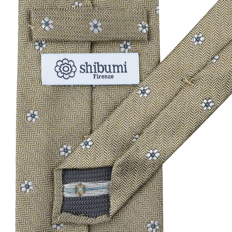 Floral Herringbone Silk Tie - Beige - Hand-Rolled