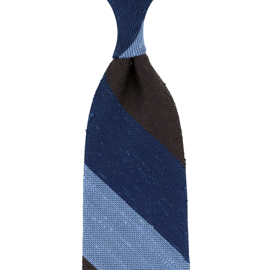 Triple Block Stripe Soft Shantung Silk Tie - Brown / Navy / Blue